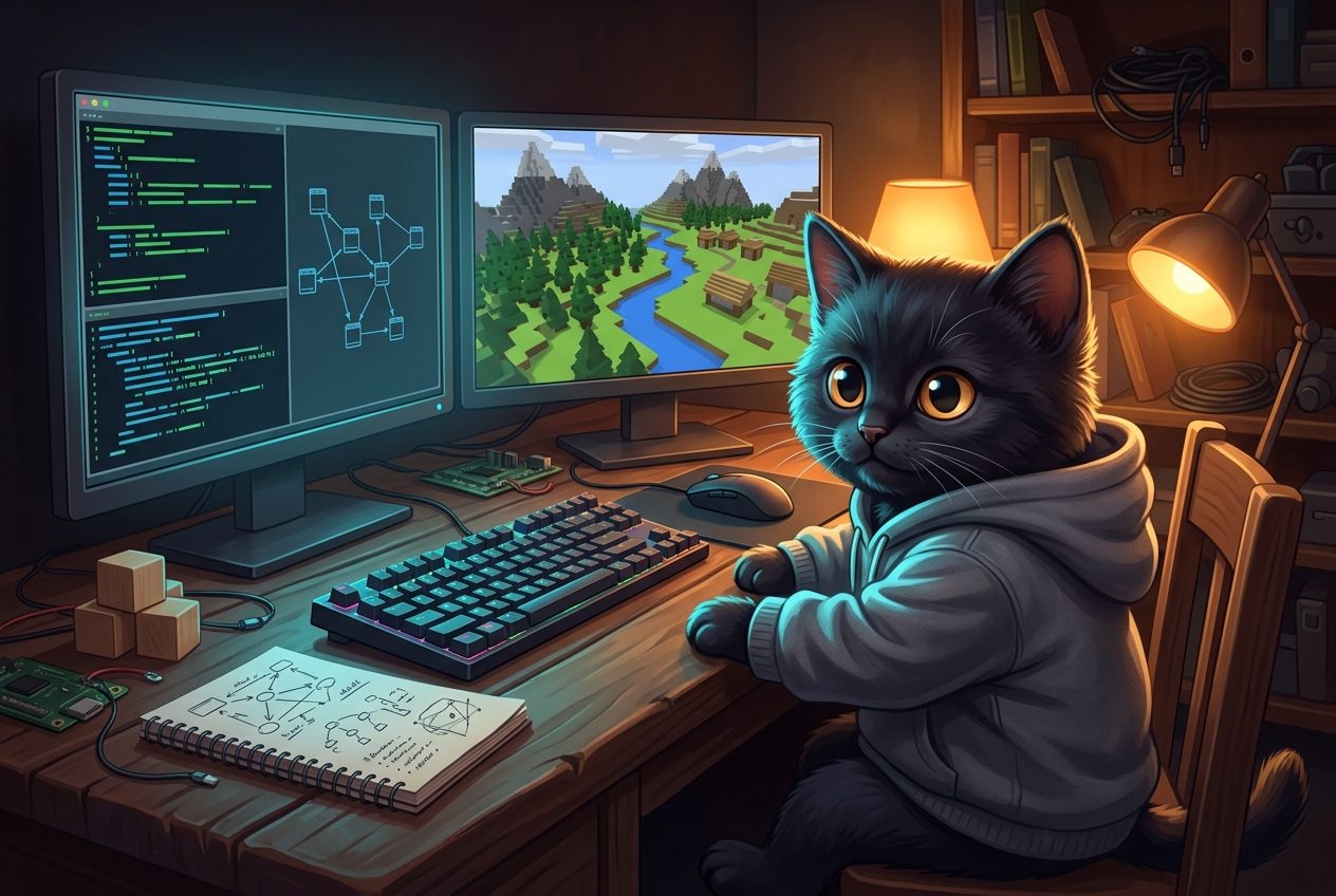 ShortNerdCat at the desk